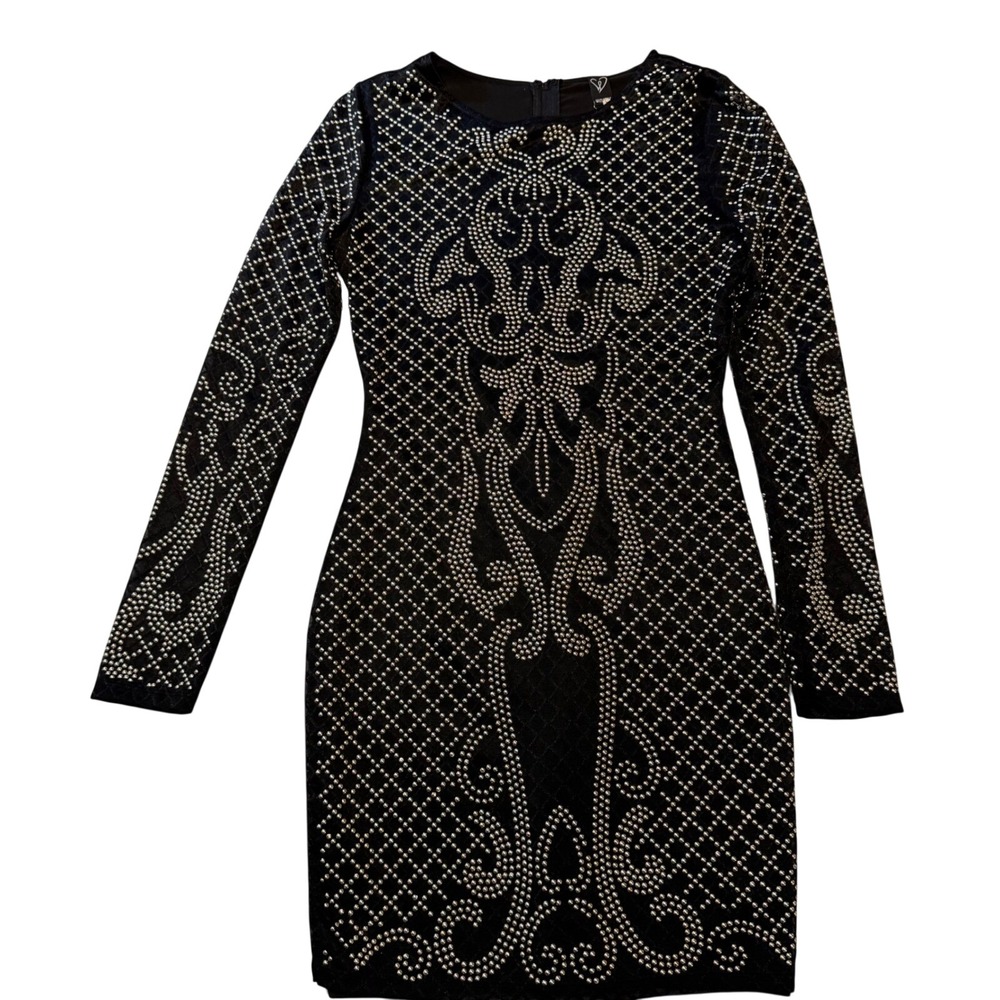 HOCO Womens Black Studded Mesh Long Sleeve Bodycon Mini Dress cocktail Medium